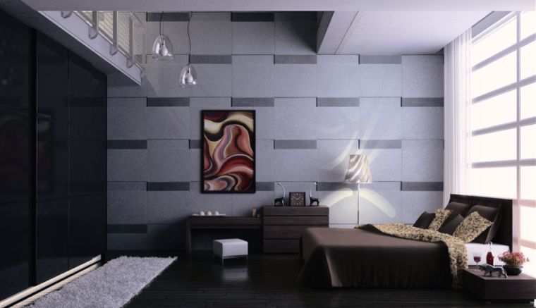 foto camera da letto grigia e nera design d'interni moderno