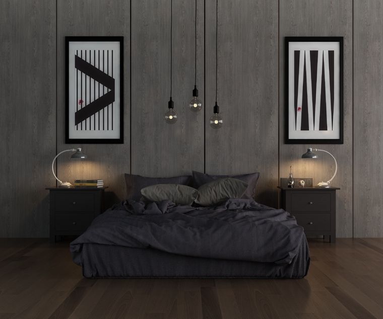 immagine della camera da letto di colore scuro ciondolo nero piastrelle per pavimenti in legno chiaro