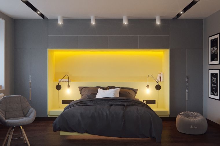 combinazione di colori per interni camera da letto pittura murale gialla