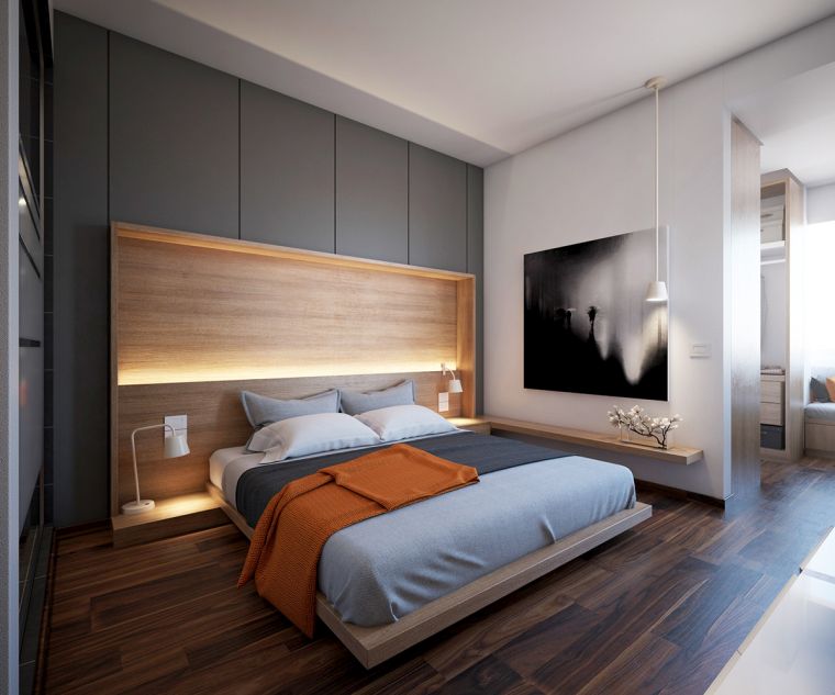 camera da letto per adulti vernice neutra colore legno pavimento in parquet