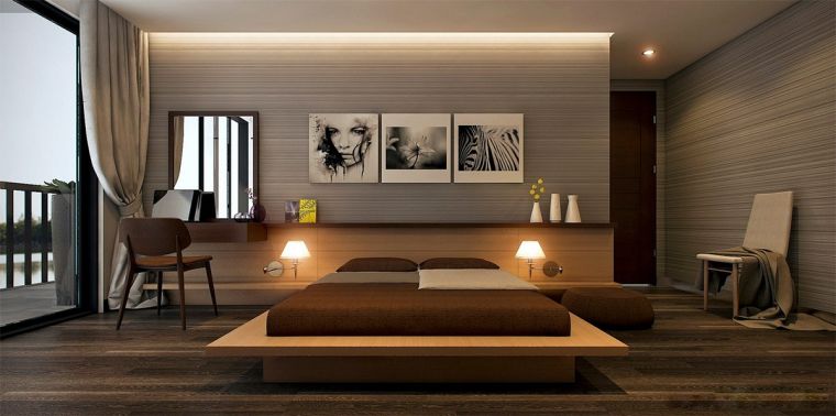 pavimento in legno camera da letto moderna colore grigio adulto