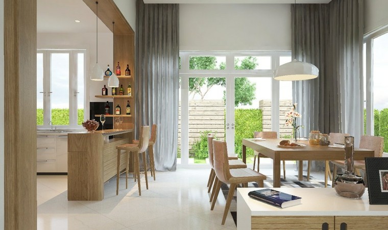Modernios virtuvės interjero medinio baro valgomojo stalo idėja