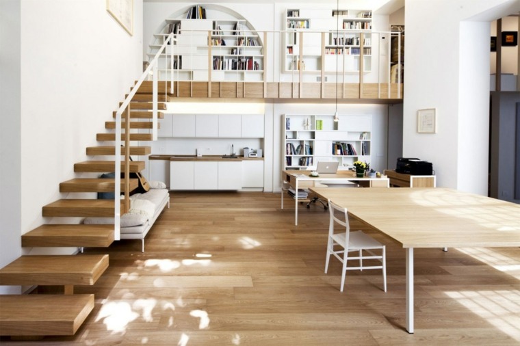 Amerikos virtuvės idėjos dizainas mediniai parketo laiptai medinis stalas