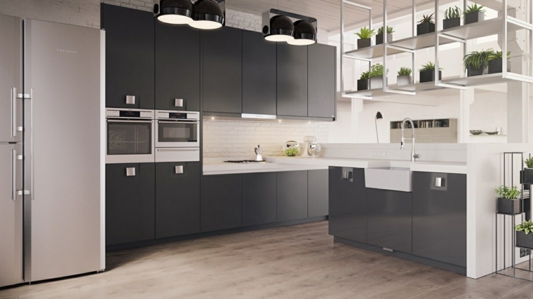 modernaus dizaino virtuvė virtuvė sala pilkos spintelės medinis parketas