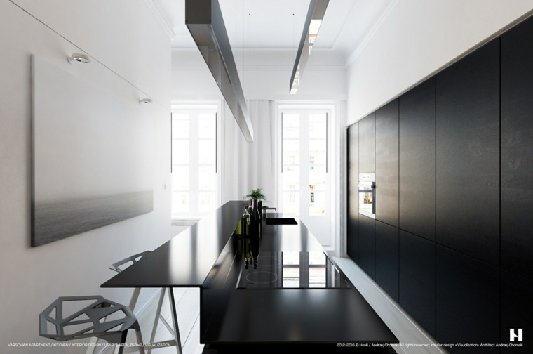 Šiuolaikinio dizaino baltos virtuvės idėjos juodos baro kėdės