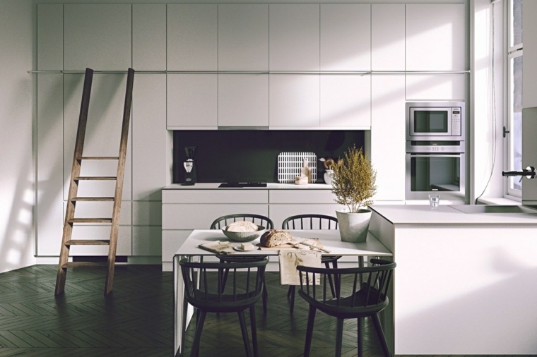 baltos ir juodos virtuvės dizaino idėjos medinės kėdės salos stalo virtuvės sala
