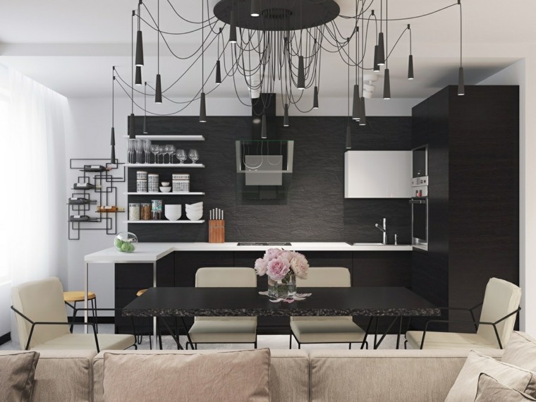 balta ir juoda virtuvės dizaino pilka sofa pakabinama šviesa