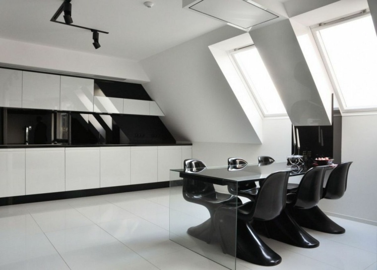 baltos ir juodos virtuvės valgomojo idėjos stiklo stalo dizainas
