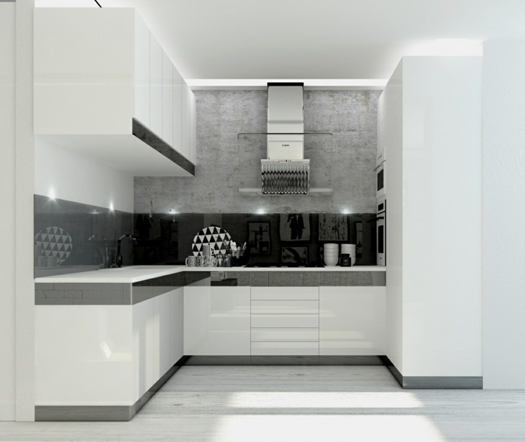 modern konyha design betonfal ötlet fekete backsplash fehér parketta