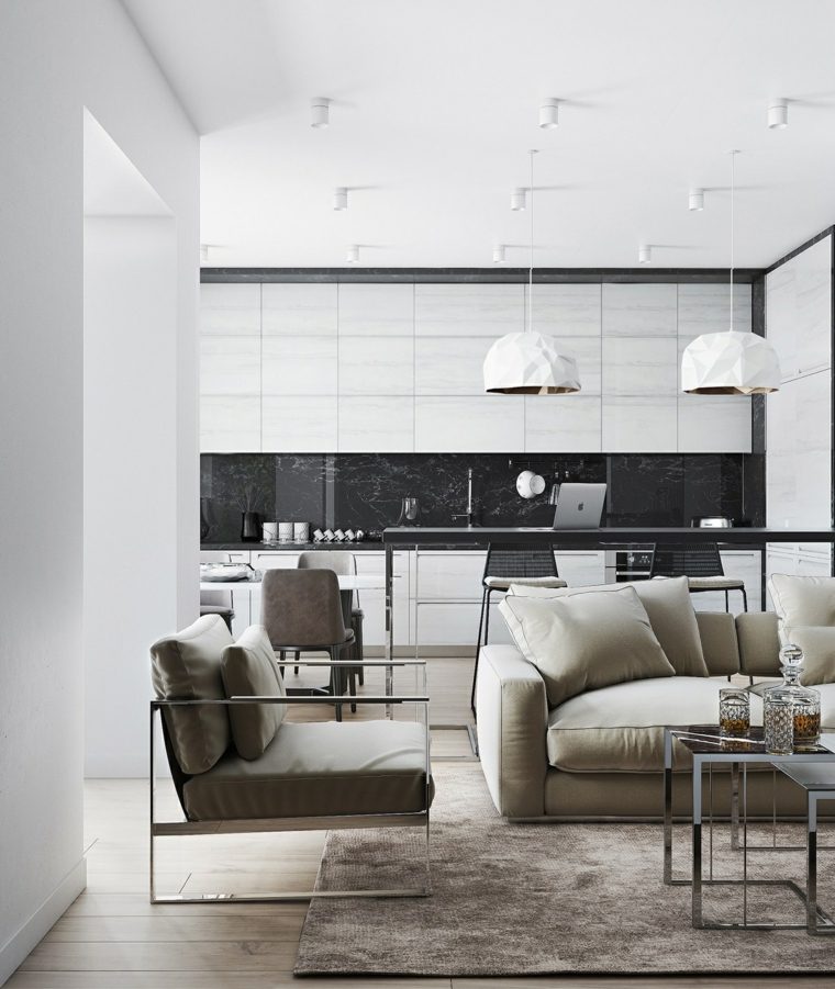 design moderno cucina idea lampada sospensione divano tappetino