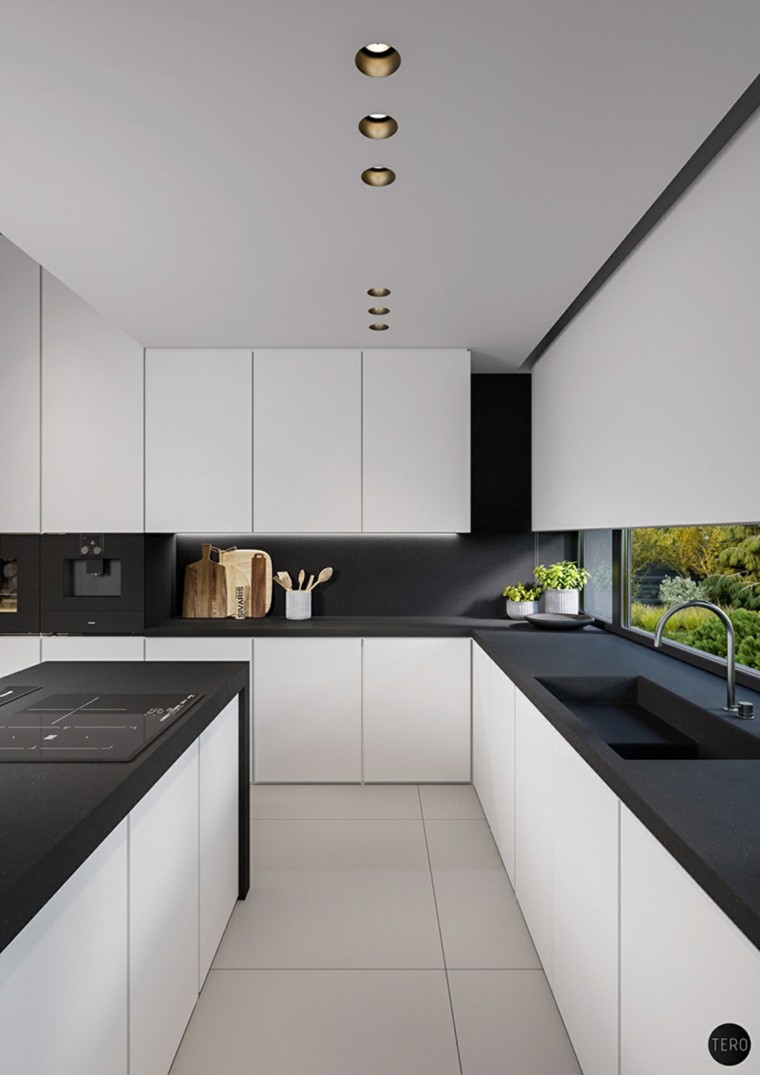 juodos baltos virtuvės dizaino idėjos juodos plytelės backsplash
