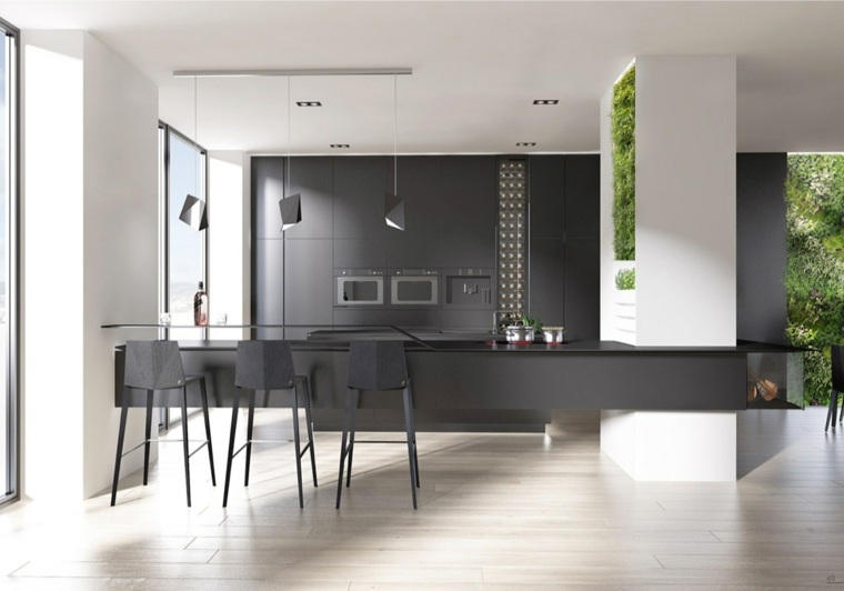 modernios virtuvės dizaino idėja pilka virtuvės salos šviestuvas žalias sienų kabinimas