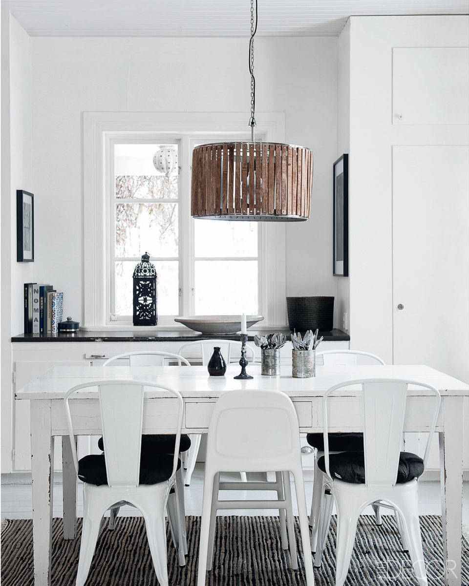 bijela i crna kuhinja dizajn blagovaonski stol privjesak svjetlo