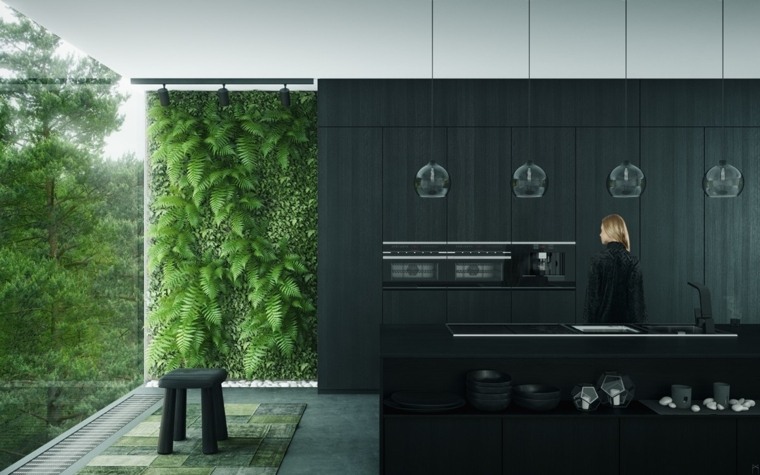 szürke fekete fehér konyha design belső zöld fal konyha sziget