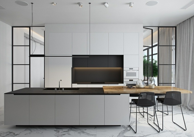 modernus virtuvės medinis baras baltos virtuvės spintelės backsplash apšvietimas