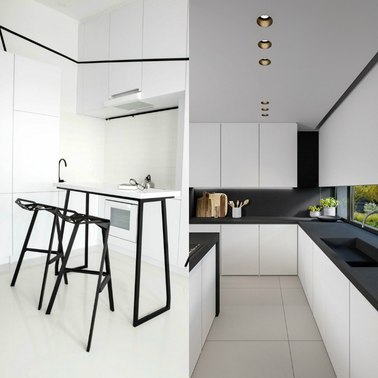 baltos ir juodos virtuvės idėjos baro kėdės virtuvė