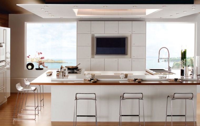 白いキッチン木製調理台のレイアウト-島-中央-椅子