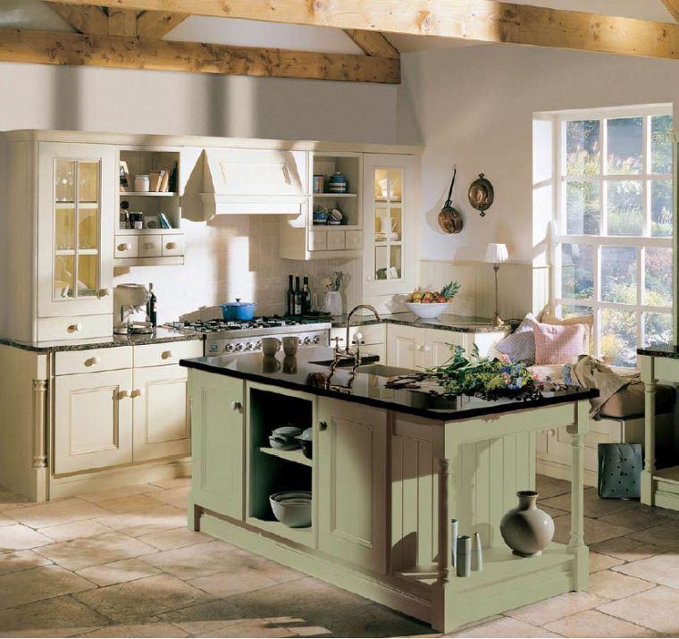 Idee per decorare la cucina del cottage inglese isola centrale verde