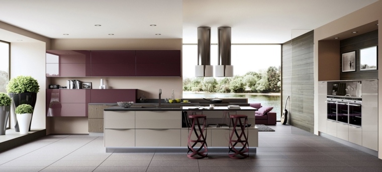 モダンなデザインのキッチンオーベルジーヌカラーエクストラクターフードタイル張りのキッチン
