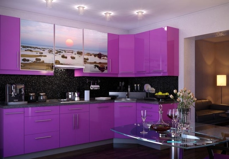 ダイニングテーブルの紫色のキッチンキャビネットの色のアイデア