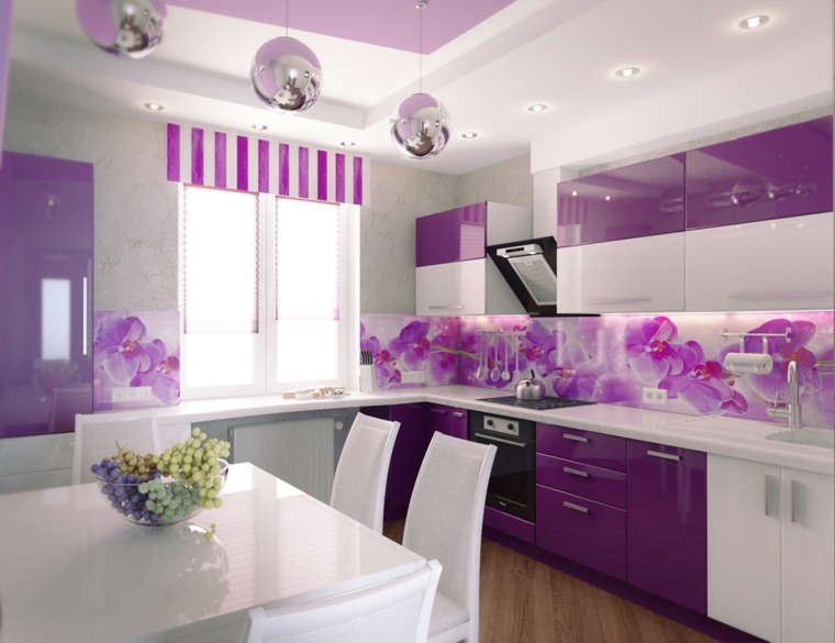 idee di design per cucine moderne mobili viola