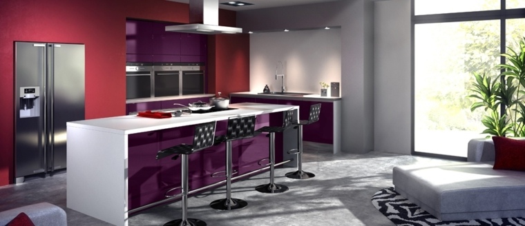 cucina contemporanea centro isola sgabello viola bianco cucina colore