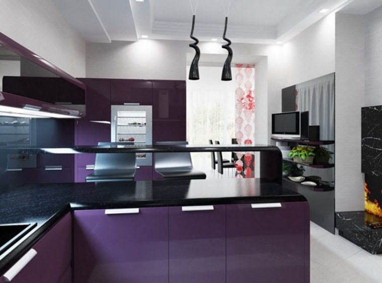 idea di layout cucina moderna lampada a sospensione design viola nero