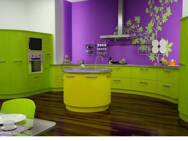 cucina moderna design colore viola verde lime parquet