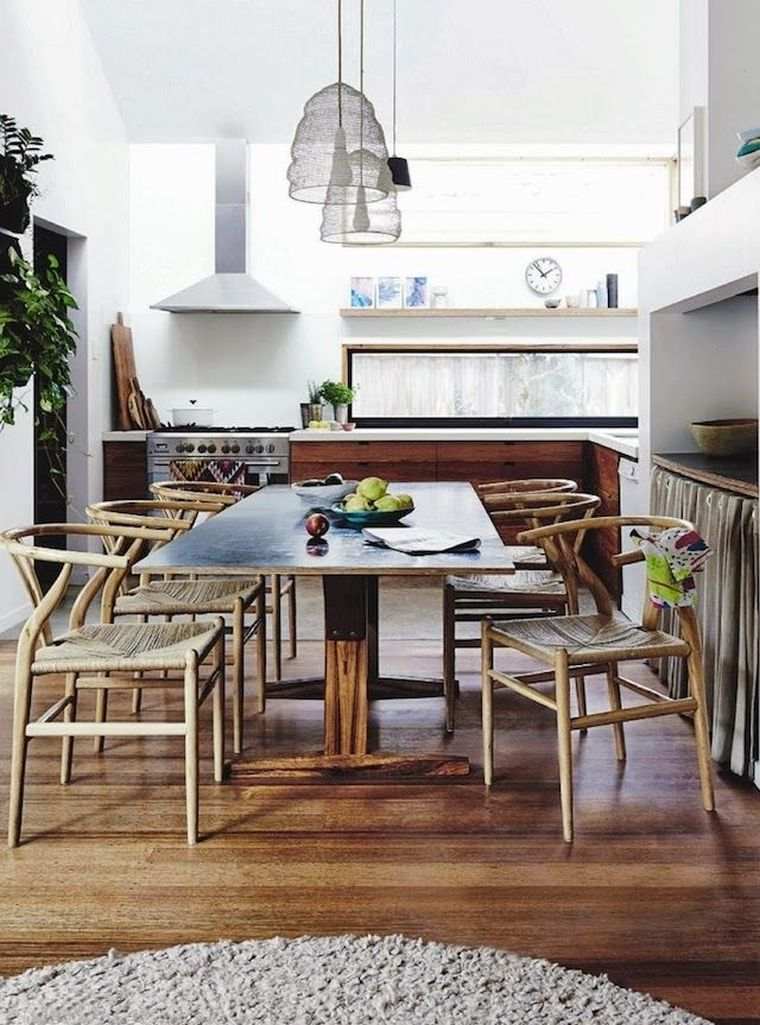 valgomasis-virtuvė-kaimiškas-modernus-didelis-medinis-valgomasis stalas