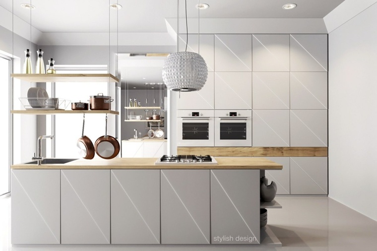 modernaus medžio virtuvės salos dizaino pakabos šviestuvo idėja baltų baldų dekoras