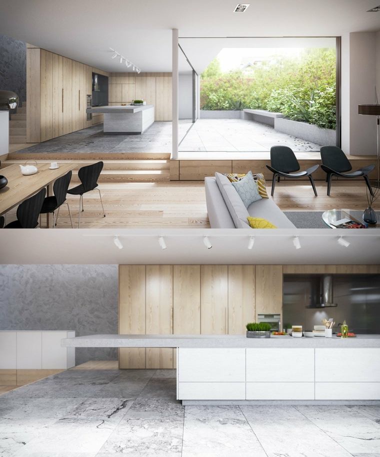 atviros erdvės virtuvė modernus dizainas centrinė sala deko lubų idėja juoda kėdė