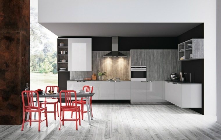 šiuolaikiškos baltos medienos virtuvės dizaino idėjos valgomajame medinis stalas raudona kėdė