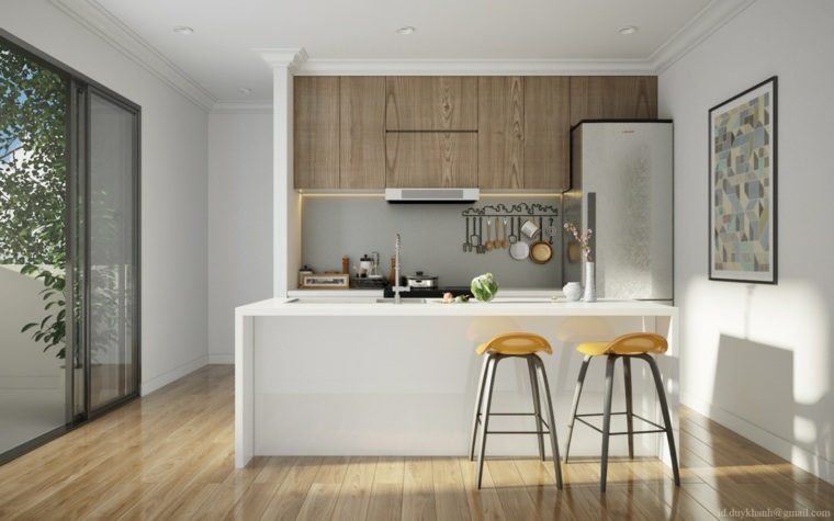 modernios virtuvės dizaino salos centrinė balta medinė taburetė