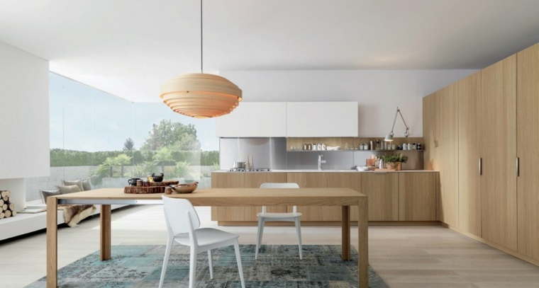 atvira virtuvė modernaus dizaino medžio pakabinamas šviesus valgomasis