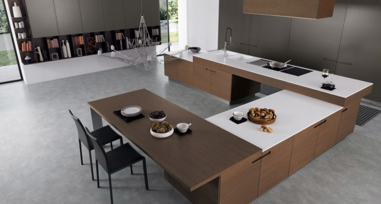 moderni medinė virtuvė su centrine sala modernaus dizaino juodos kėdės dizaino idėjos