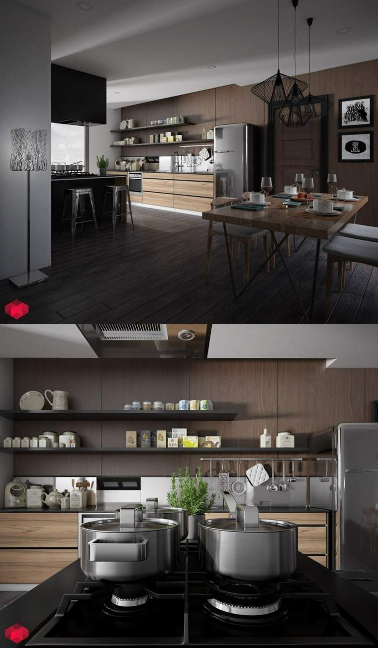 modernios medinės virtuvės pramoninio stiliaus salos dizaino idėja