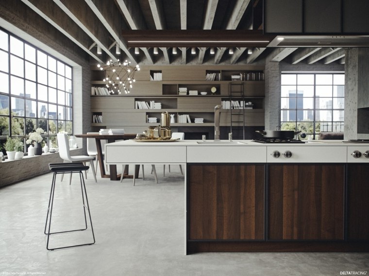 modernios medinės virtuvės salos dizaino pramoninio stiliaus lubos
