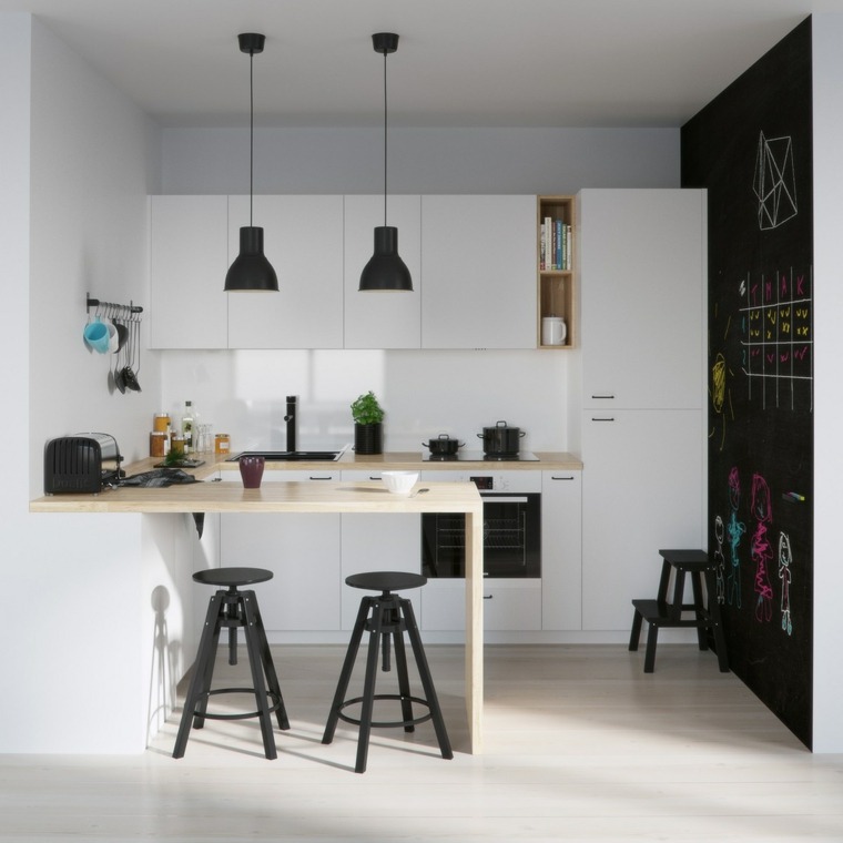 modernaus medžio virtuvės dizaino pakabinamų šviesų idėja centrinė sala