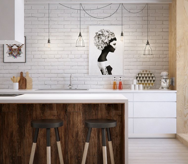 Modernus medinės virtuvės dizainas baltų plytų sienos kabančios deko