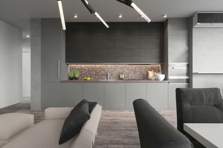 モダンなグレーのキッチンデザインのアイデアアイランドバー寄木細工の照明
