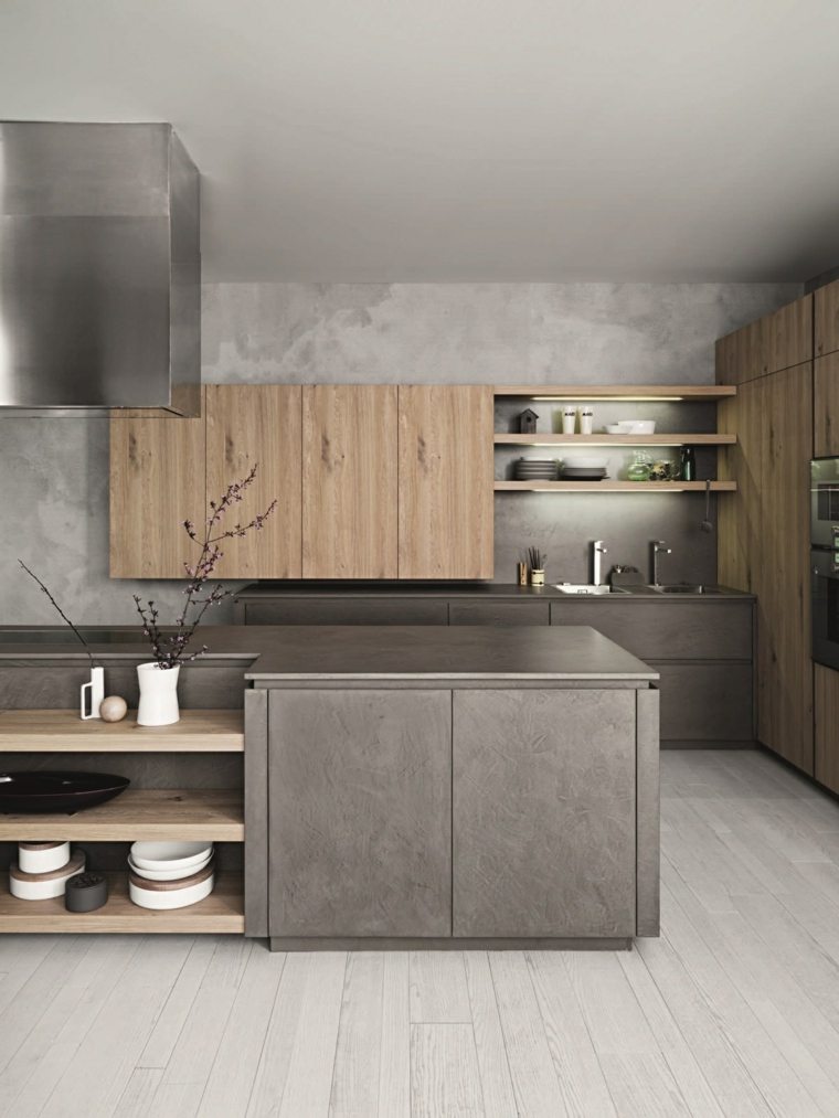 modernaus interjero dizaino medinė virtuvės spintelė pilkos virtuvės spintelės