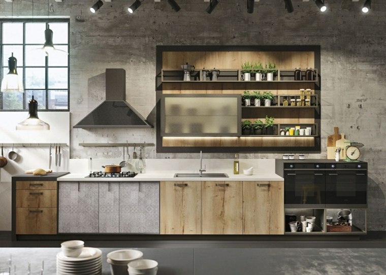 modern konyha fa szekrény ötletek polírozott betonfal ötletek fa konyhaszekrény tervezés