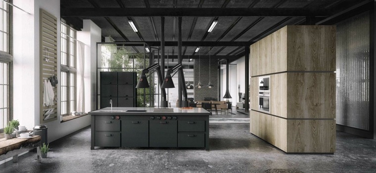 pilkas virtuvės dekoras centrinės salos dizaino idėja vaškuotos betoninės grindų dangos forma