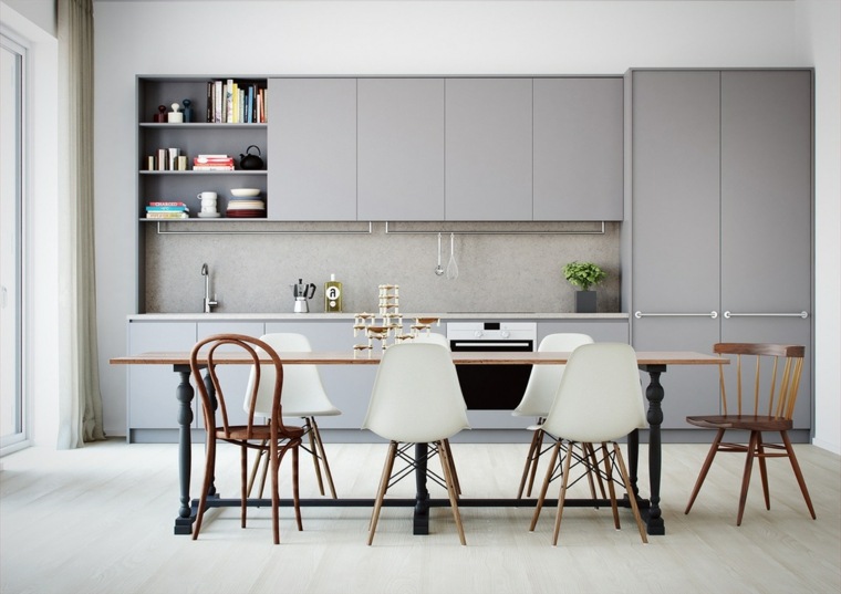 pilkas virtuvės interjero dizainas atviri valgomojo baldai