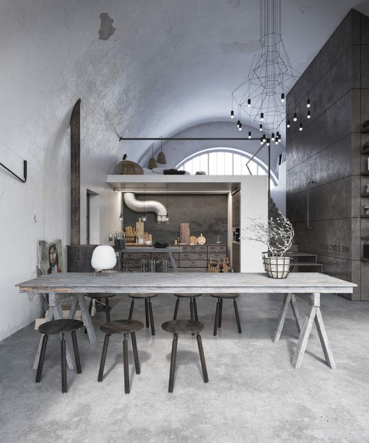 interjero dizainas apšvietimas medinės stalo kėdės pramoninio stiliaus dizainas vaškuotas betonas