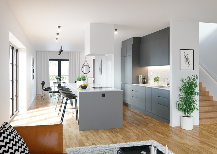 Interjeras moderni virtuvė šiuolaikinė medinė parketo idėja pilka sala