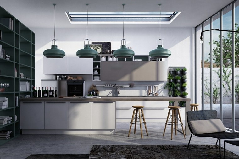 cucina grigia isola illuminazione concreta sospensione idea tappetino sgabelli in legno