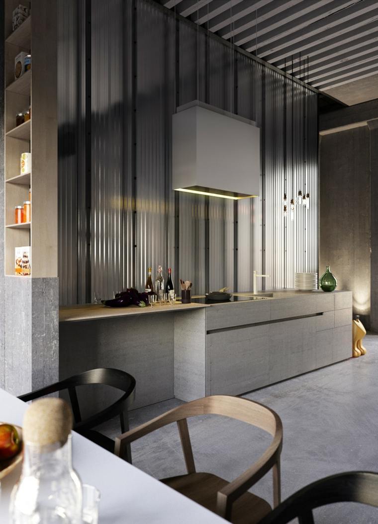 Vaškuotos betoninės virtuvės salos idėjos pakabuko šviesos dizaino grindų danga
