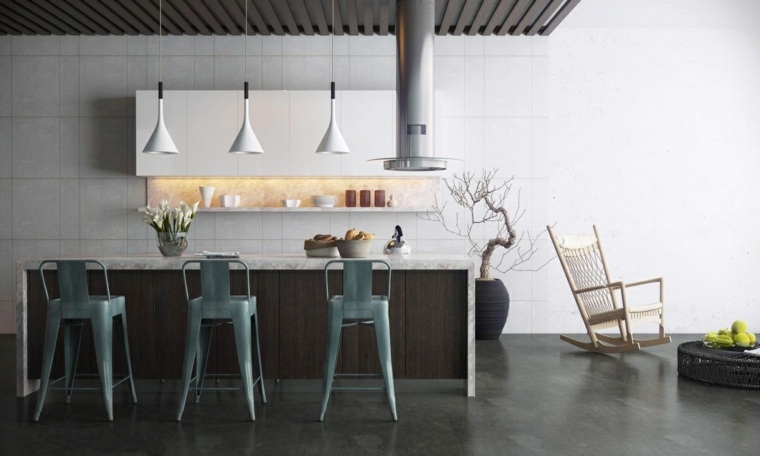 antracito pilka virtuvės idėja taboretų dizaino salos pakabinama šviesa