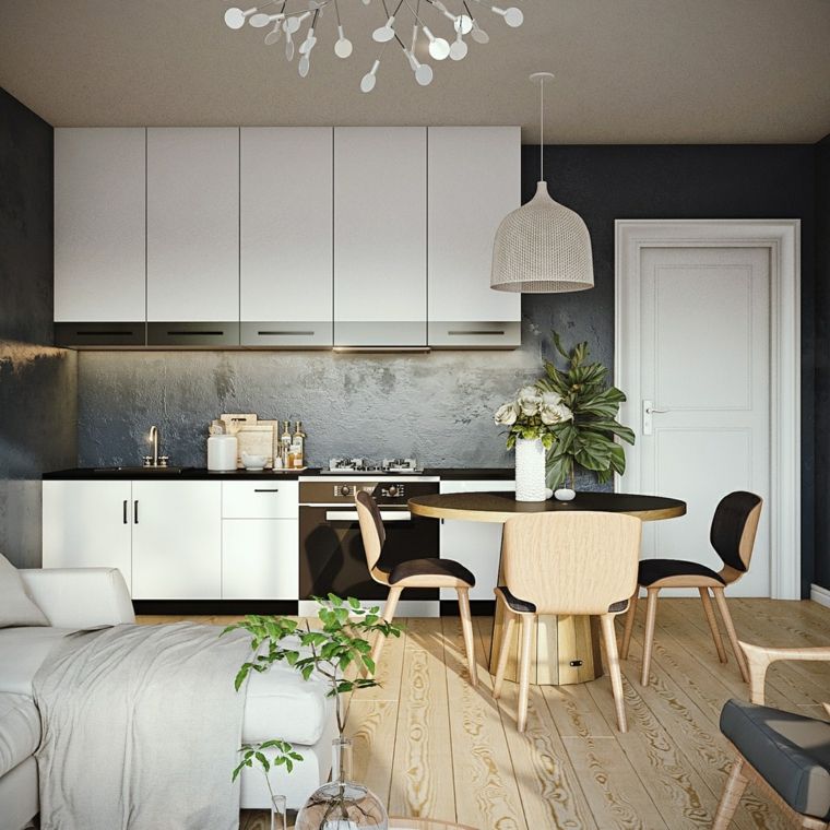 fekete fehér konyha design fabútorok étkező függő lámpa
